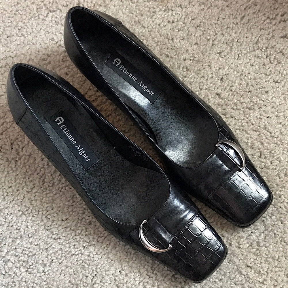 Etienne Aigner Reptile Embossed Black Patent Leather Block Heels, 8.5 N
